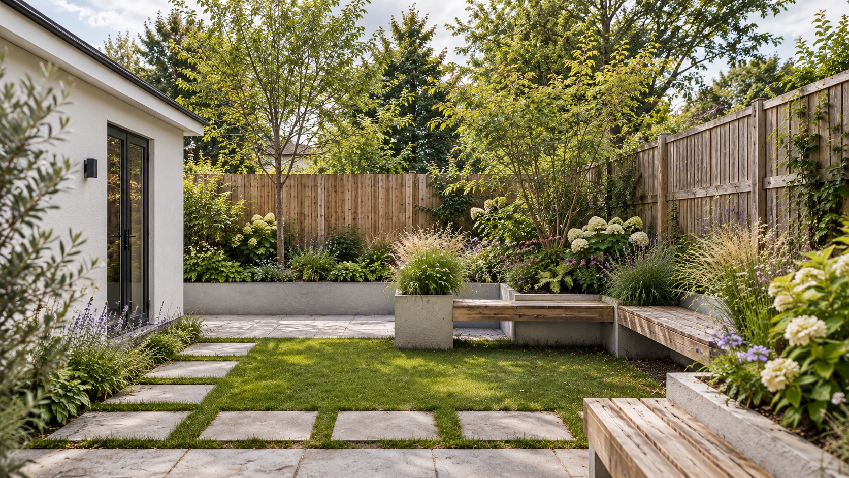 Ontwerpimpressie van een groene tuin met gazon, natuurlijke beplanting en houten zitbank