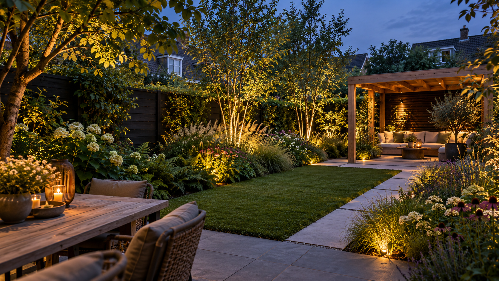 Tuinimpressie met weelderige beplanting, warm avondlicht en een houten overkapping